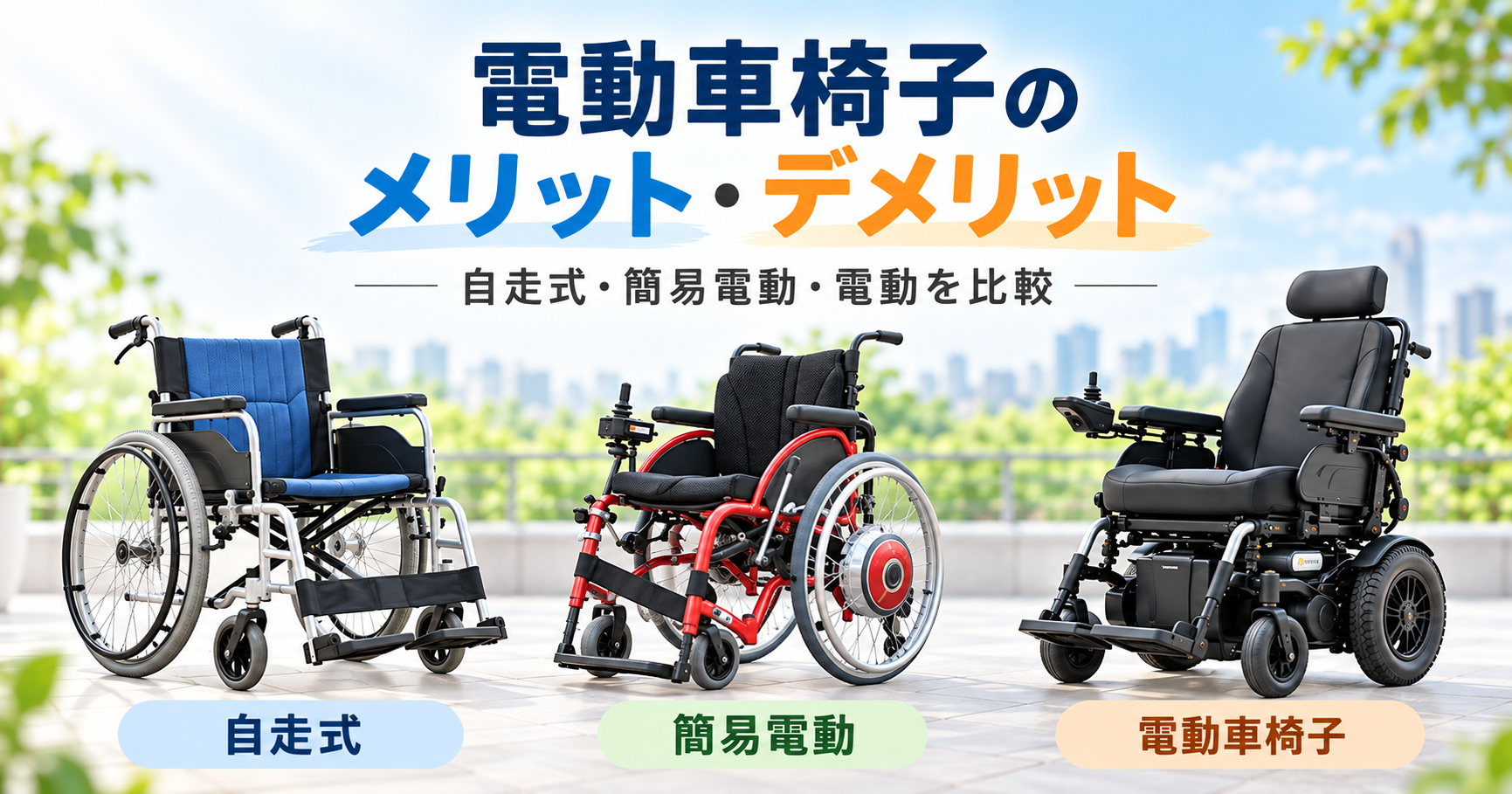 電動車椅子のメリット・デメリットを解説する比較画像。自走式車椅子、後輪に電動ユニットを搭載した簡易電動車椅子、電動車椅子の3種類を並べて紹介