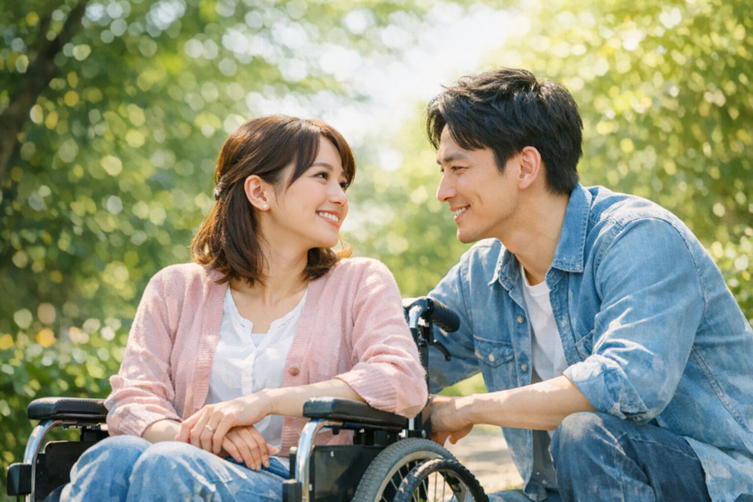 車いすの女性としゃがんだ男性がほほえみ合っている様子