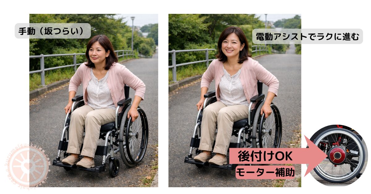 手動車椅子と電動アシスト車椅子の違いを比較した画像（坂道での負担とラクに進める様子）