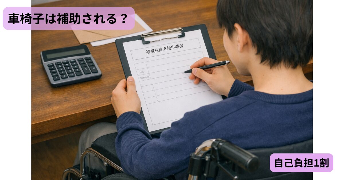 alt="車椅子の男性が申請書類に記入している様子（補装具費支給制度のイメージ）"