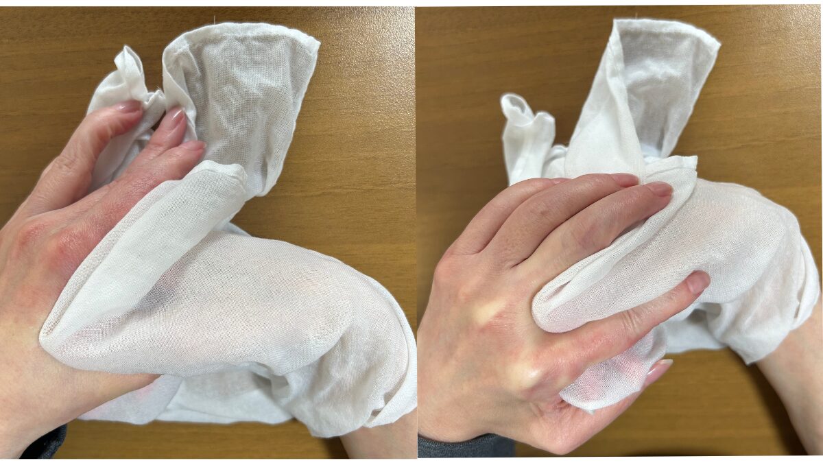 竹布洗顔クロスで手を拭いている様子