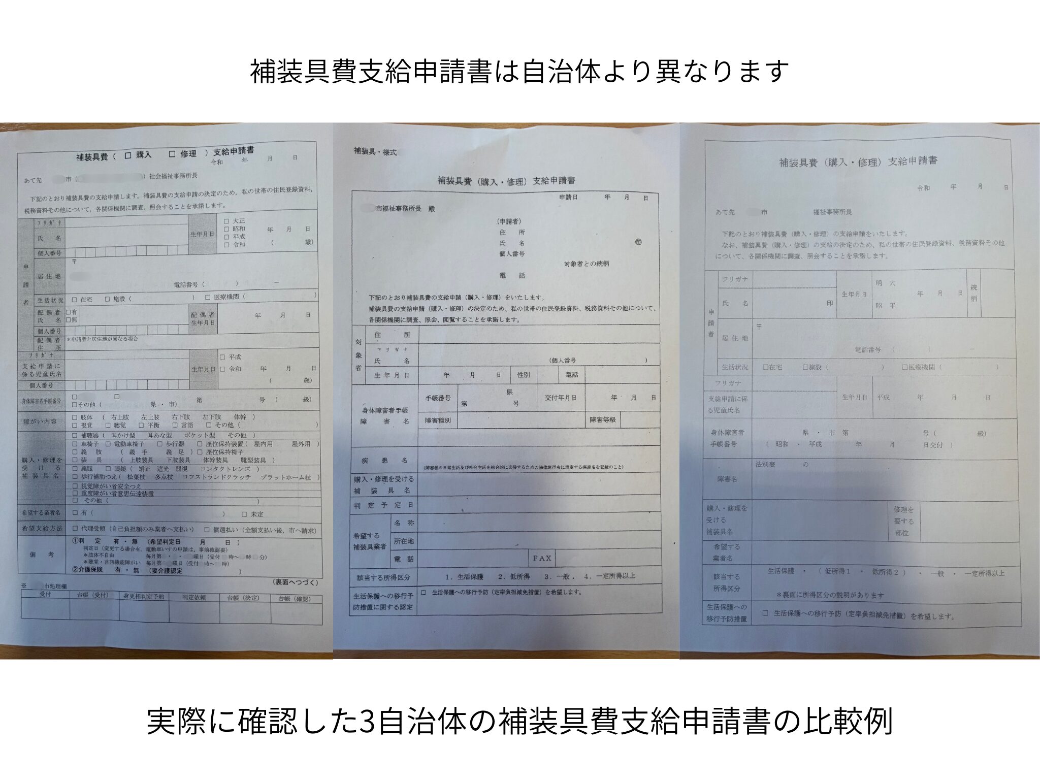 補装具費支給申請書の3つの自治体パターン