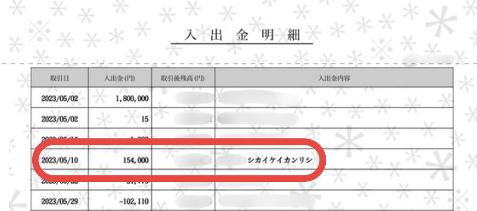 障がい者等介護用自動車改造費補助金交付金の振込額の入出金明細