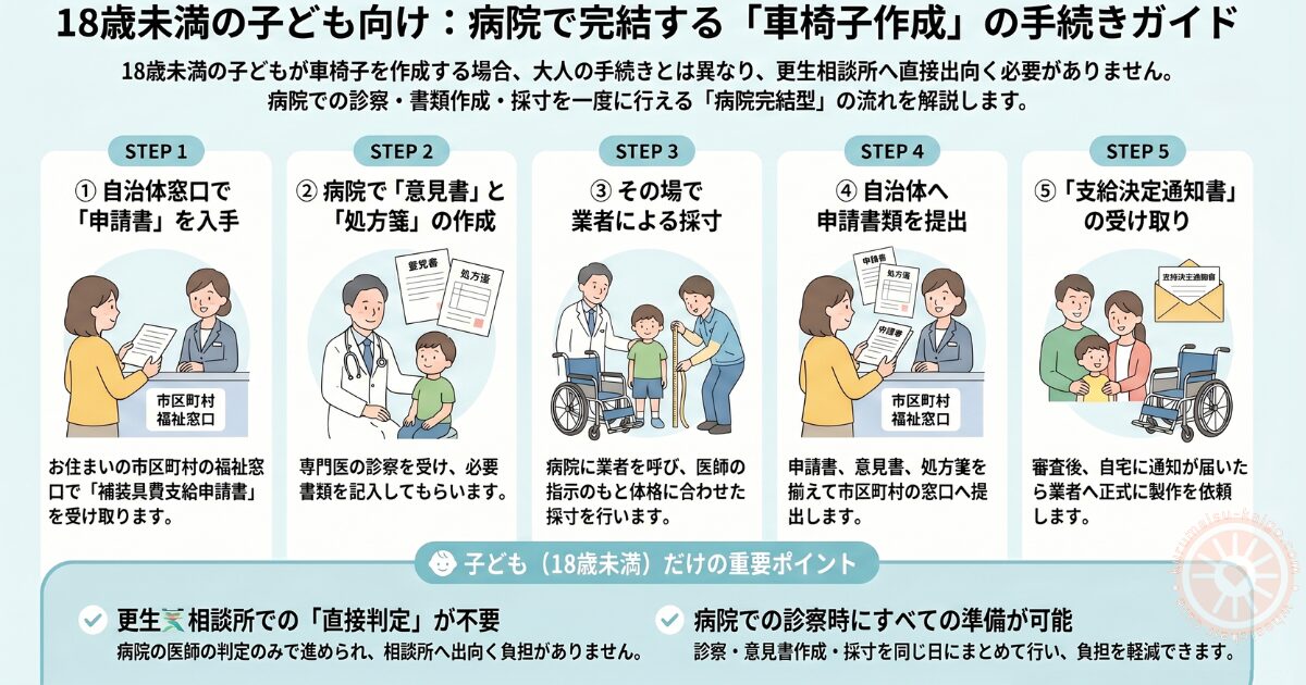 車椅子購入にあたり自治体での申請書入手から、病院での意見書作成・採寸、決定通知書の受領までをスムーズに理解できるよう構成図