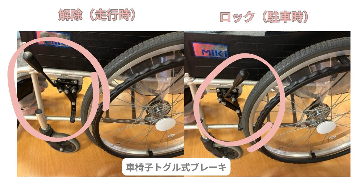 トグル式車椅子のブレーキを解除とロックをした様子