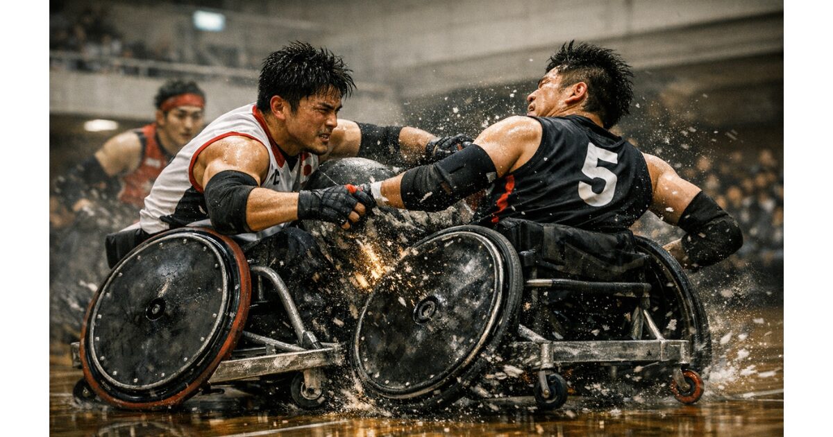 激しくぶつかり合う車いすラグビーの試合シーンと日本人選手の競技風景