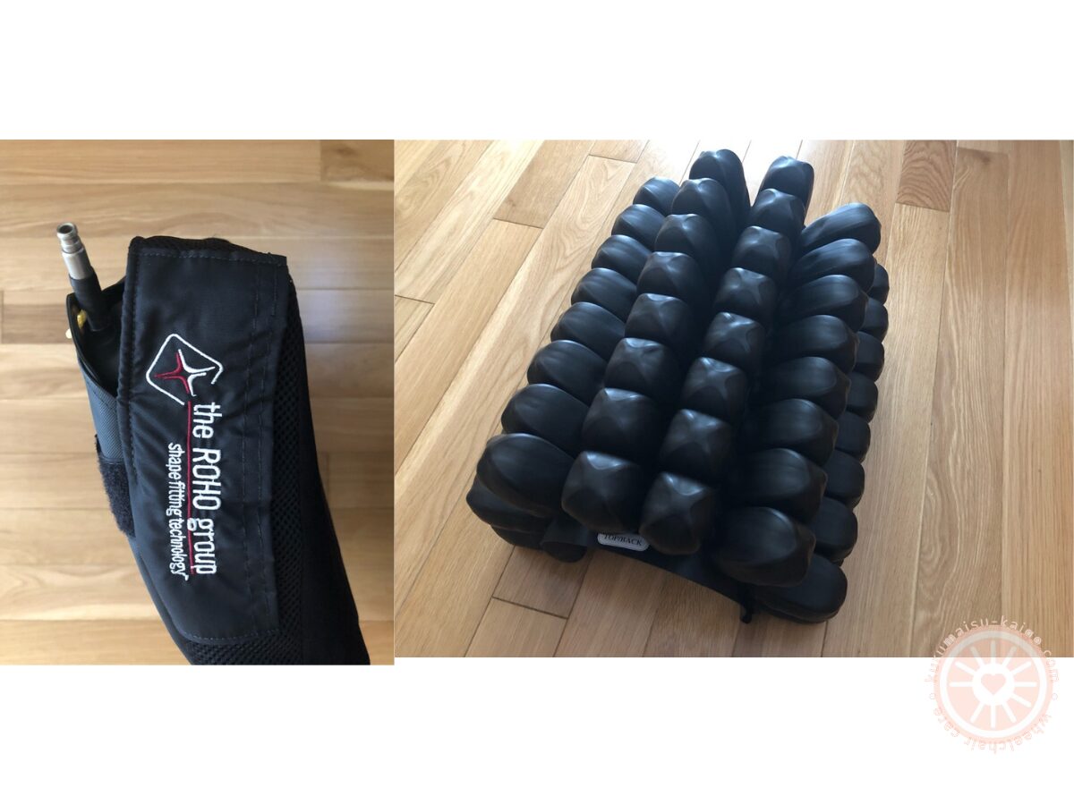 ROHOクッションの空気調整バルブ(左)と丸めてエアセル構造を見せた状態(右)