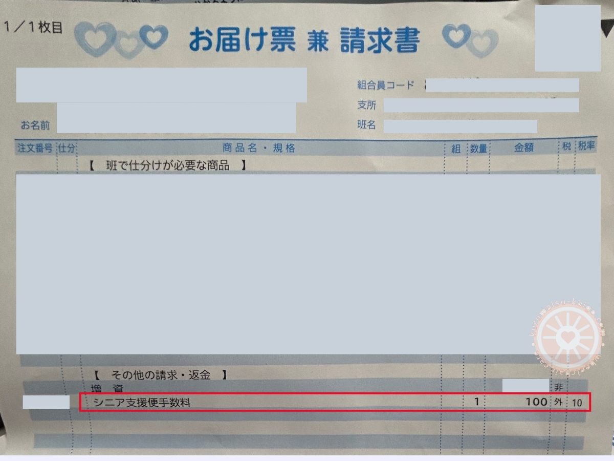 コープ宅配のお届け票に記載された手数料100円