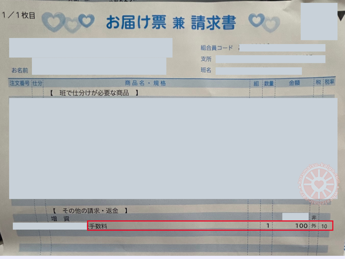 コープ宅配のお届け票に記載された手数料100円