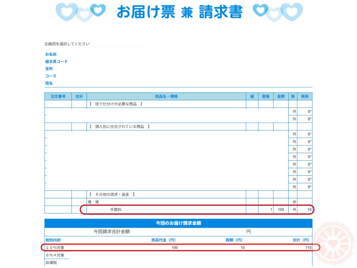 コープ宅配のお届け票兼請求書に記載された手数料100円、税額10円、合計110円