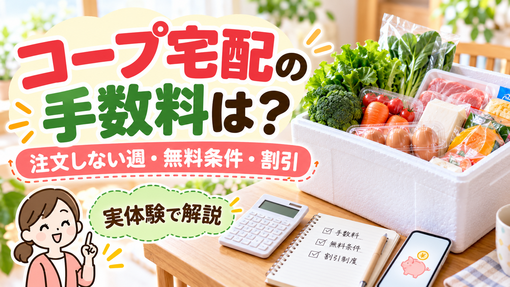 発泡スチロールのコープ宅配箱と食材に「コープ宅配の手数料は？注文しない週・無料条件・割引、実体験で解説」と表示したアイキャッチ