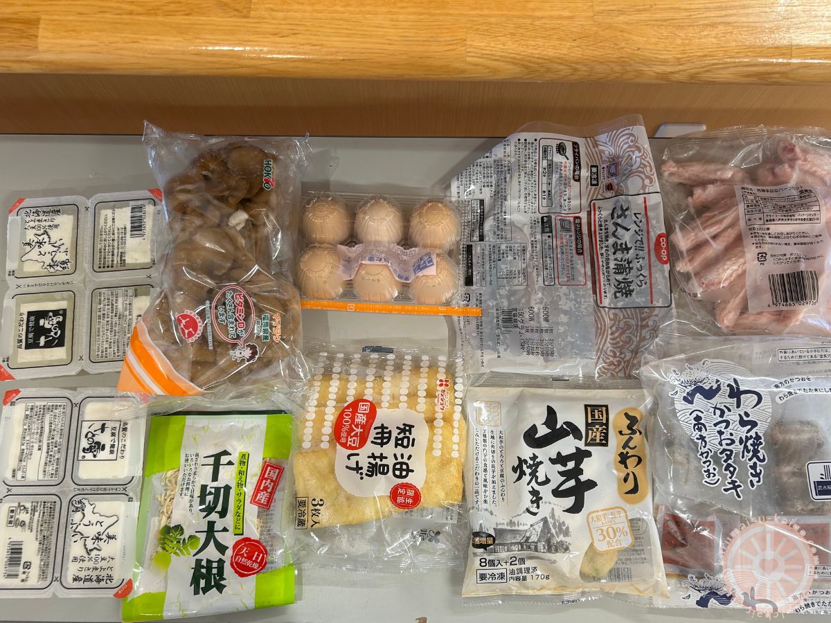 コープ宅配で購入した卵・豆腐・舞茸・かつおのたたき・冷凍食品など